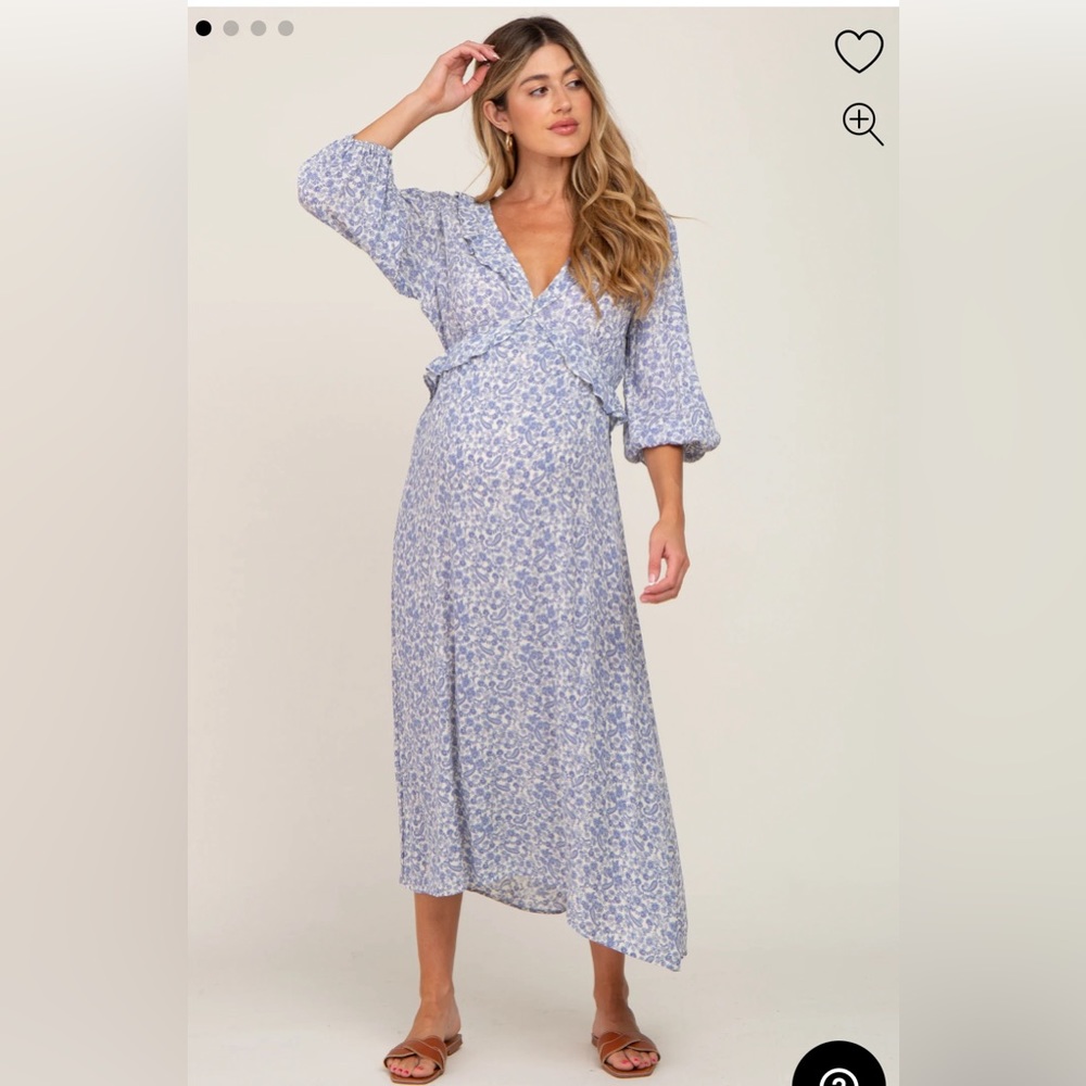 Pinkblush Blue Floral Ruffle V-Neck Midi Dress (bump friendly)